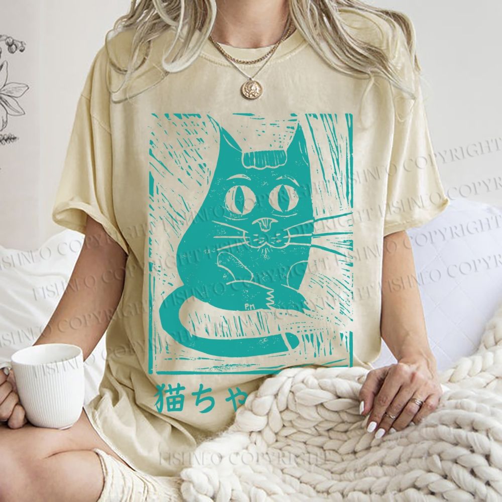 Unisex Vintage Japanese Cat Graffiti Printed Washed Tee