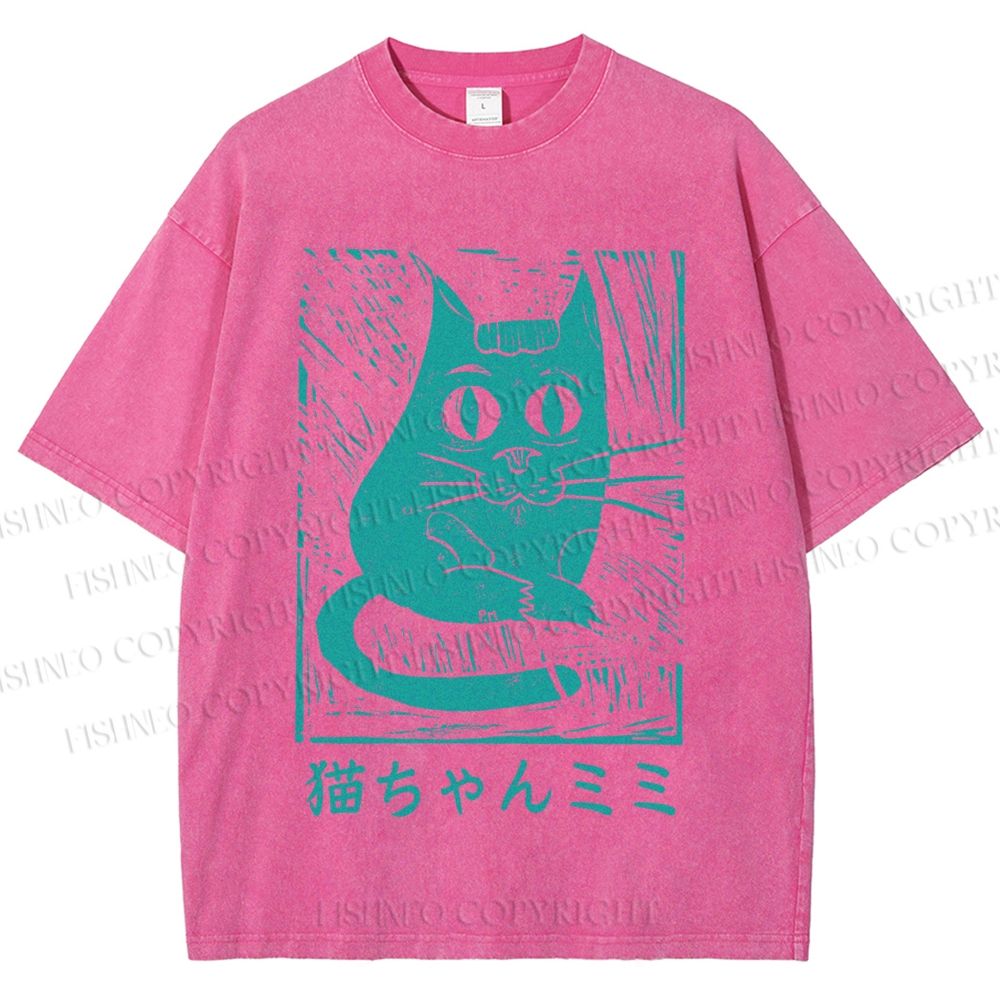 Unisex Vintage Japanese Cat Graffiti Printed Washed Tee