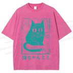 Unisex Vintage Japanese Cat Graffiti Printed Washed Tee