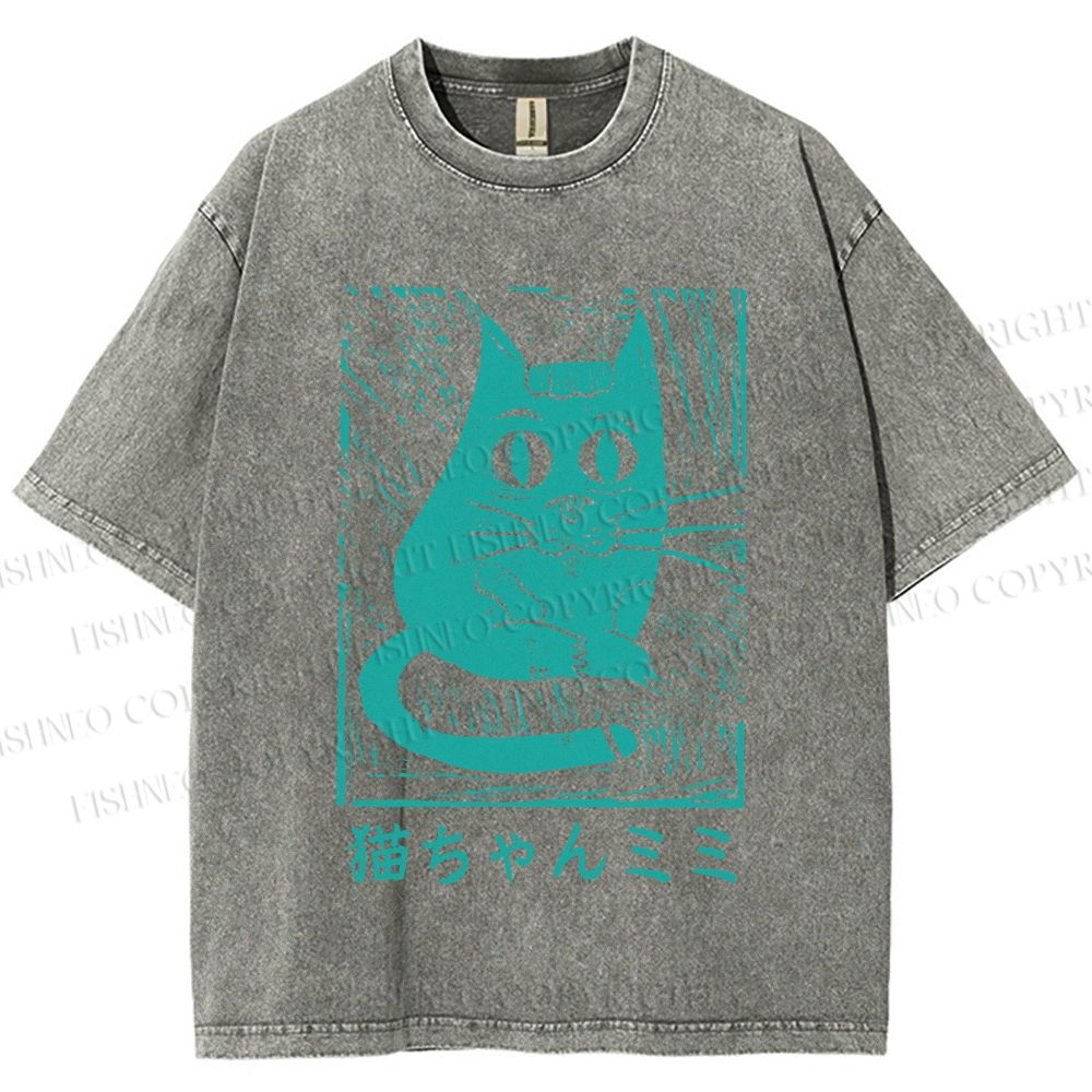 Unisex Vintage Japanese Cat Graffiti Printed Washed Tee