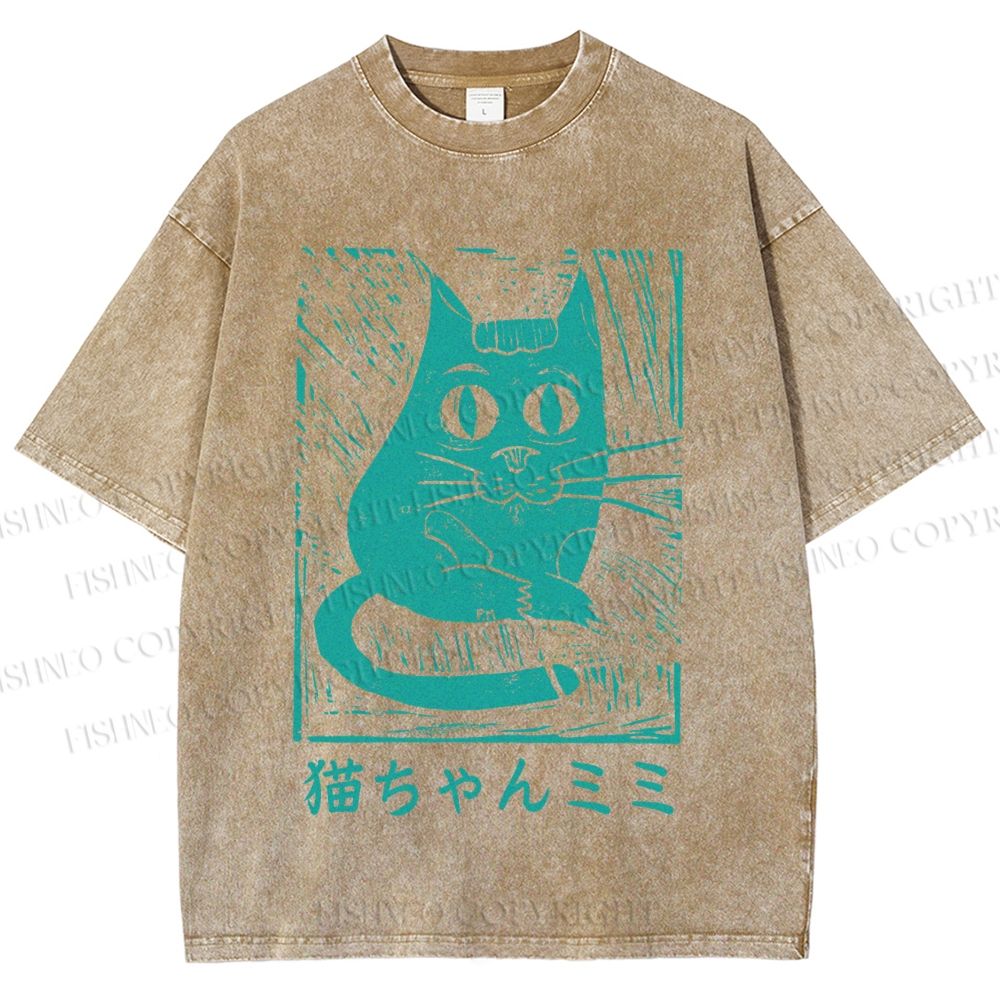 Unisex Vintage Japanese Cat Graffiti Printed Washed Tee