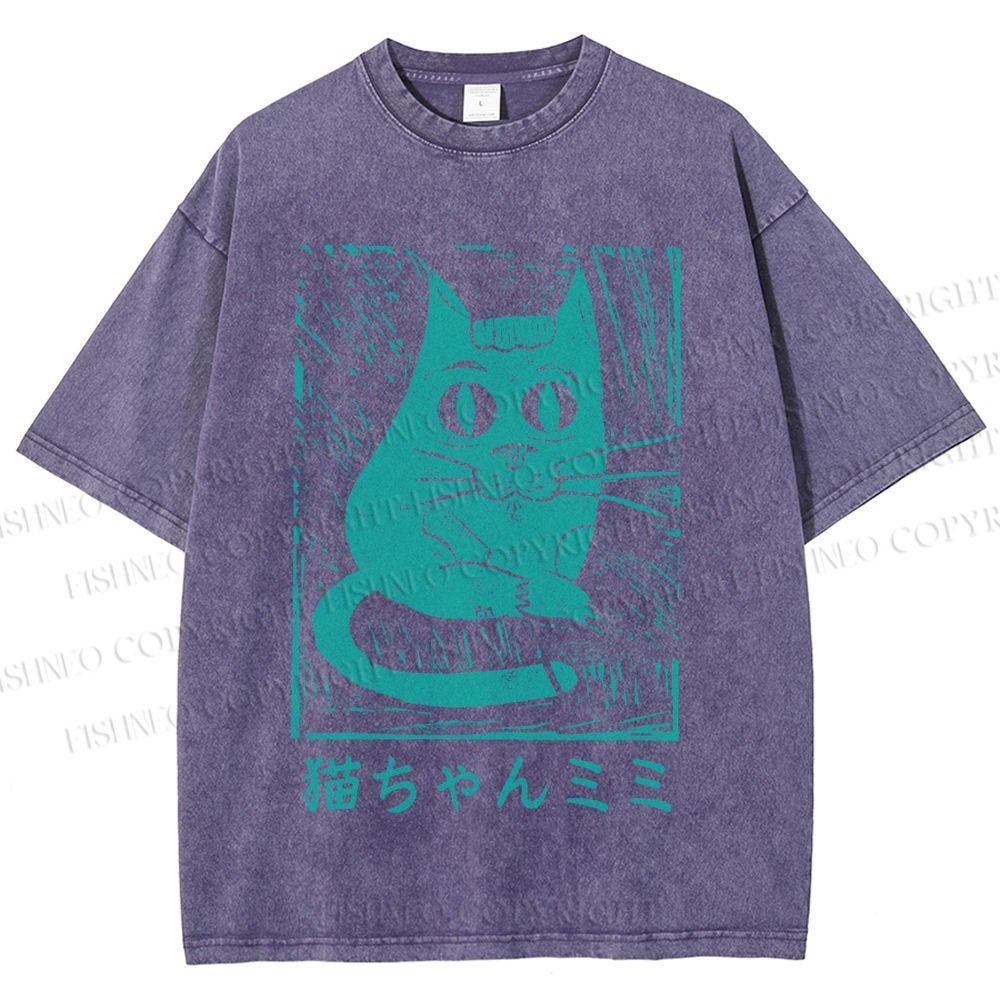 Unisex Vintage Japanese Cat Graffiti Printed Washed Tee