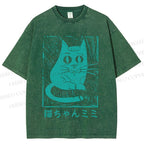 Unisex Vintage Japanese Cat Graffiti Printed Washed Tee