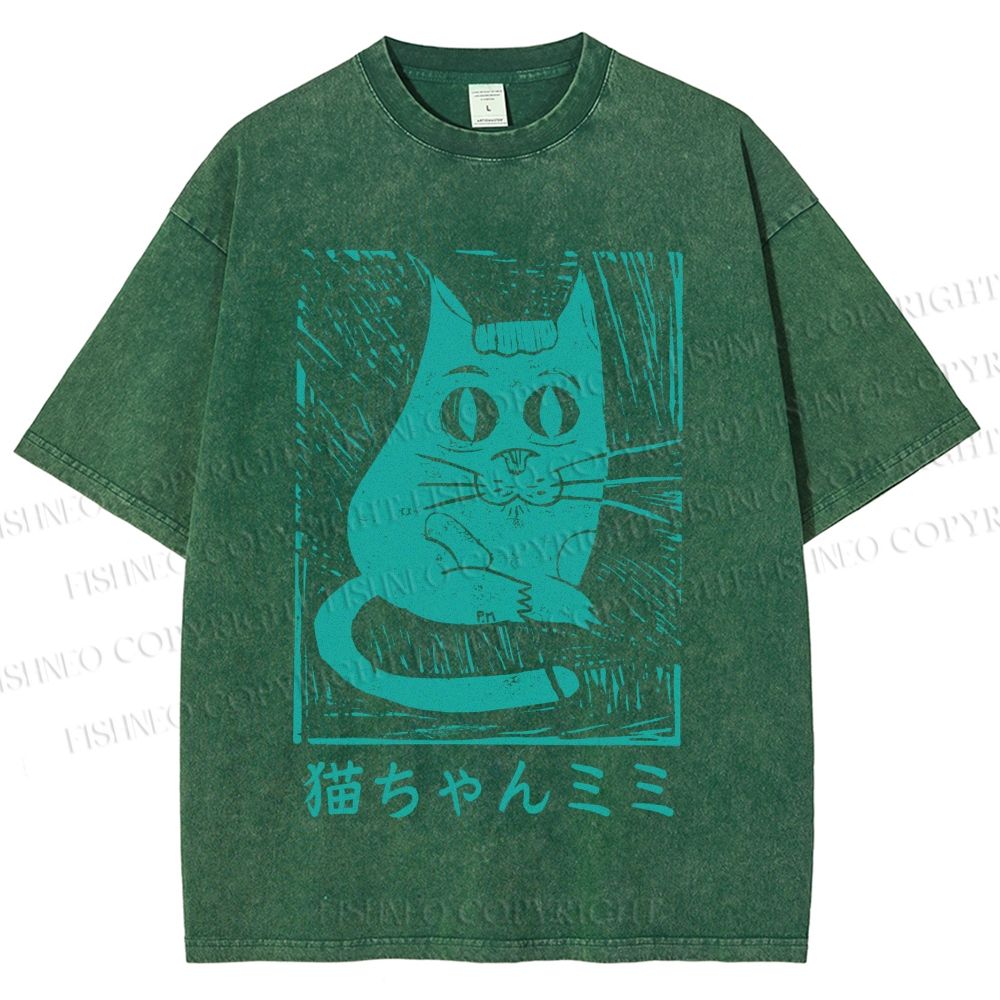Unisex Vintage Japanese Cat Graffiti Printed Washed Tee