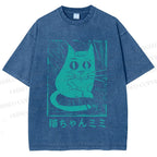 Unisex Vintage Japanese Cat Graffiti Printed Washed Tee