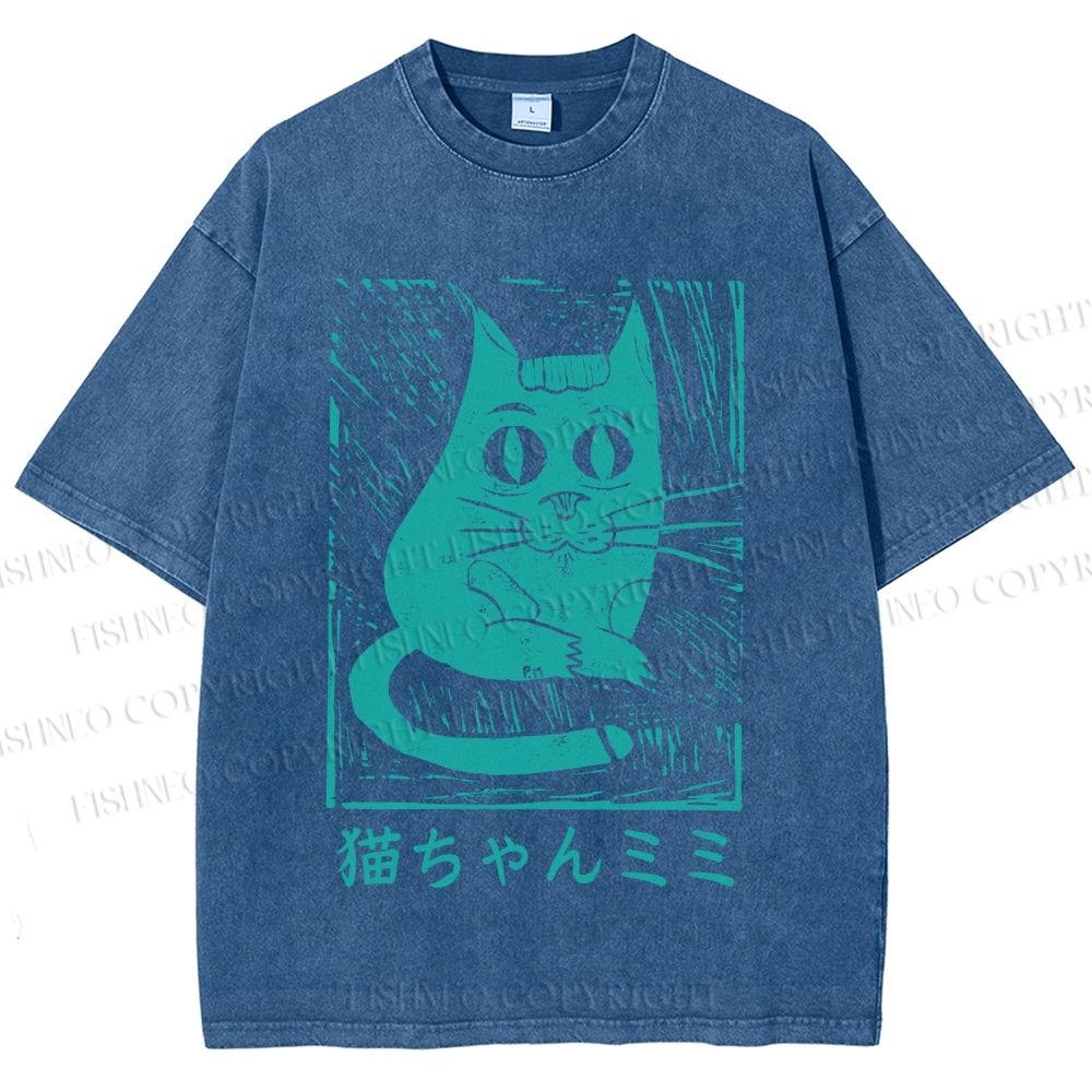 Unisex Vintage Japanese Cat Graffiti Printed Washed Tee