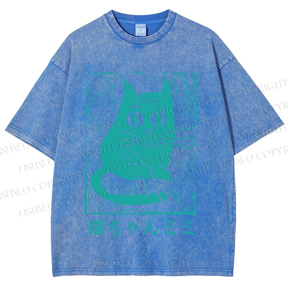 Unisex Vintage Japanese Cat Graffiti Printed Washed Tee