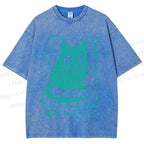 Unisex Vintage Japanese Cat Graffiti Printed Washed Tee