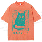 Unisex Vintage Japanese Cat Graffiti Printed Washed Tee