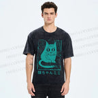 Unisex Vintage Japanese Cat Graffiti Printed Washed Tee