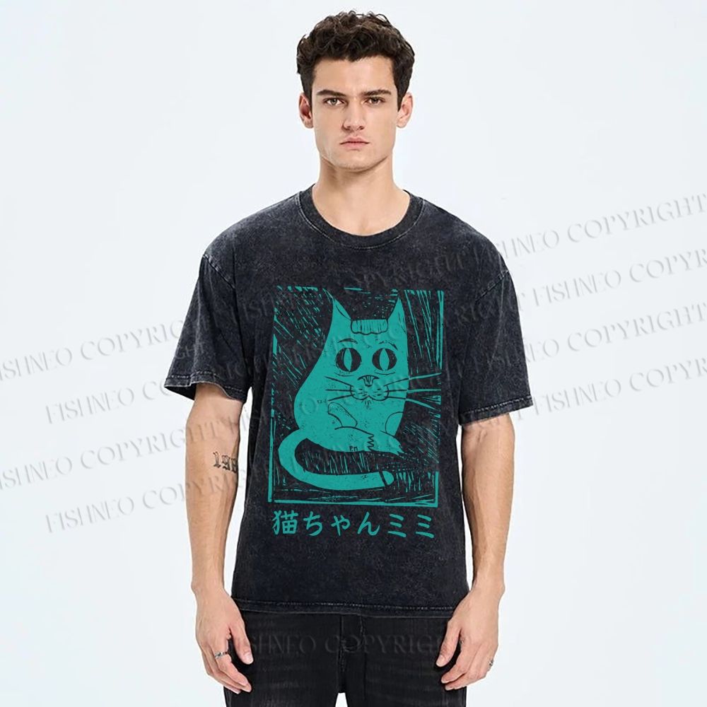Unisex Vintage Japanese Cat Graffiti Printed Washed Tee