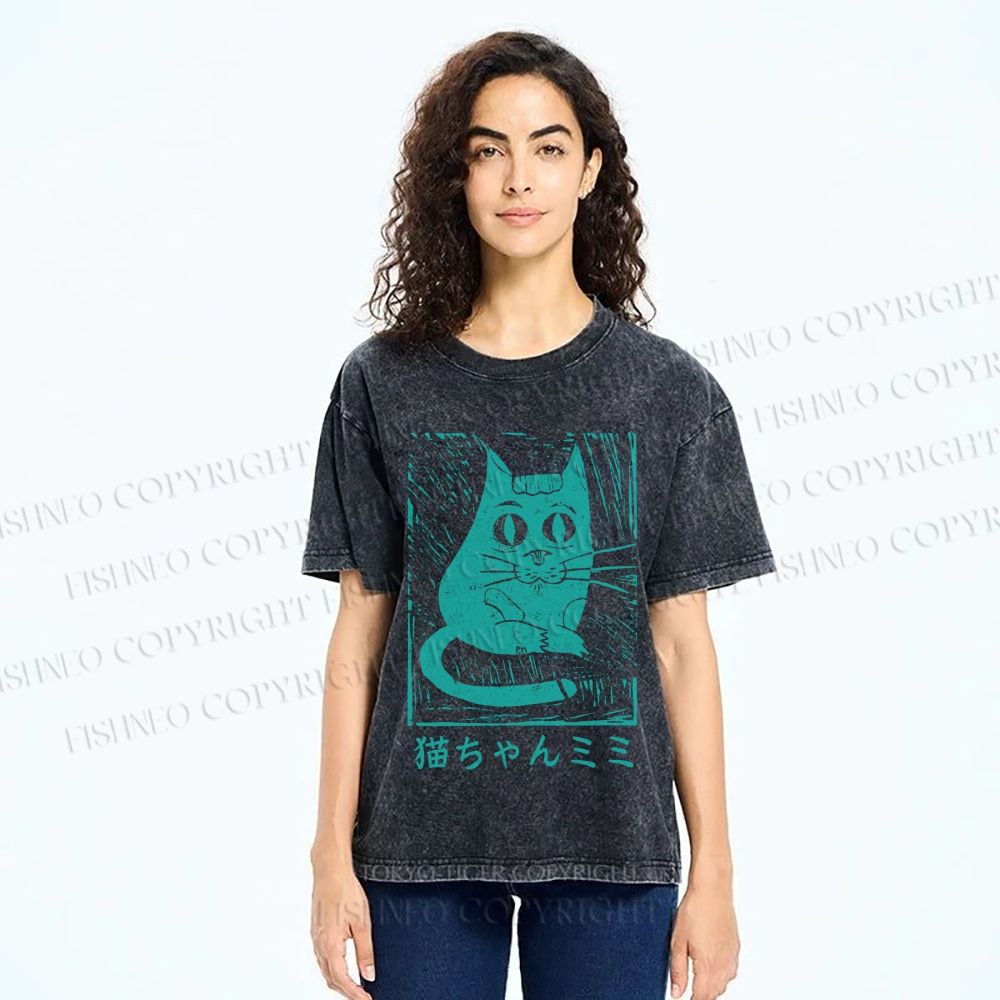Unisex Vintage Japanese Cat Graffiti Printed Washed Tee