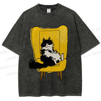 Unisex Vintage Cat On Sofa Printed Washed Tee