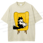Unisex Vintage Cat On Sofa Printed Washed Tee