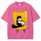Unisex Vintage Cat On Sofa Printed Washed Tee