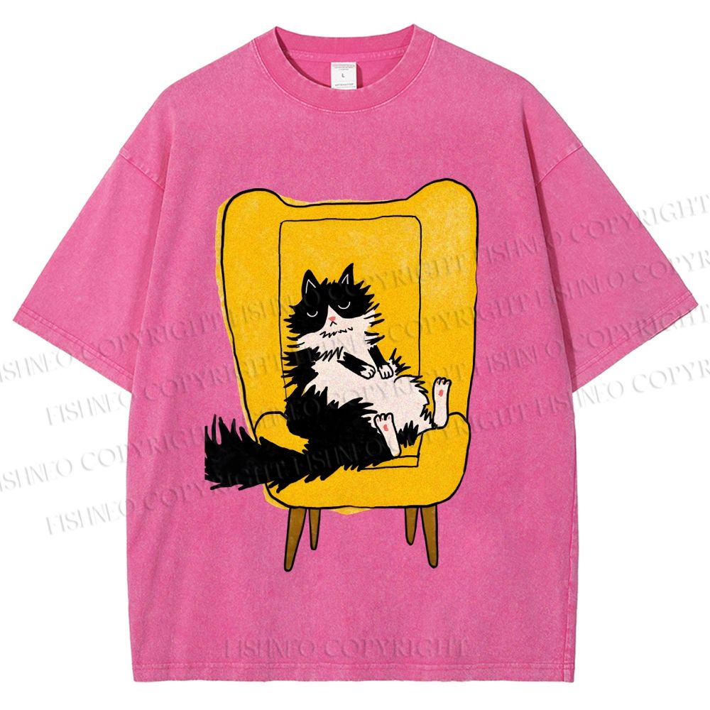 Unisex Vintage Cat On Sofa Printed Washed Tee