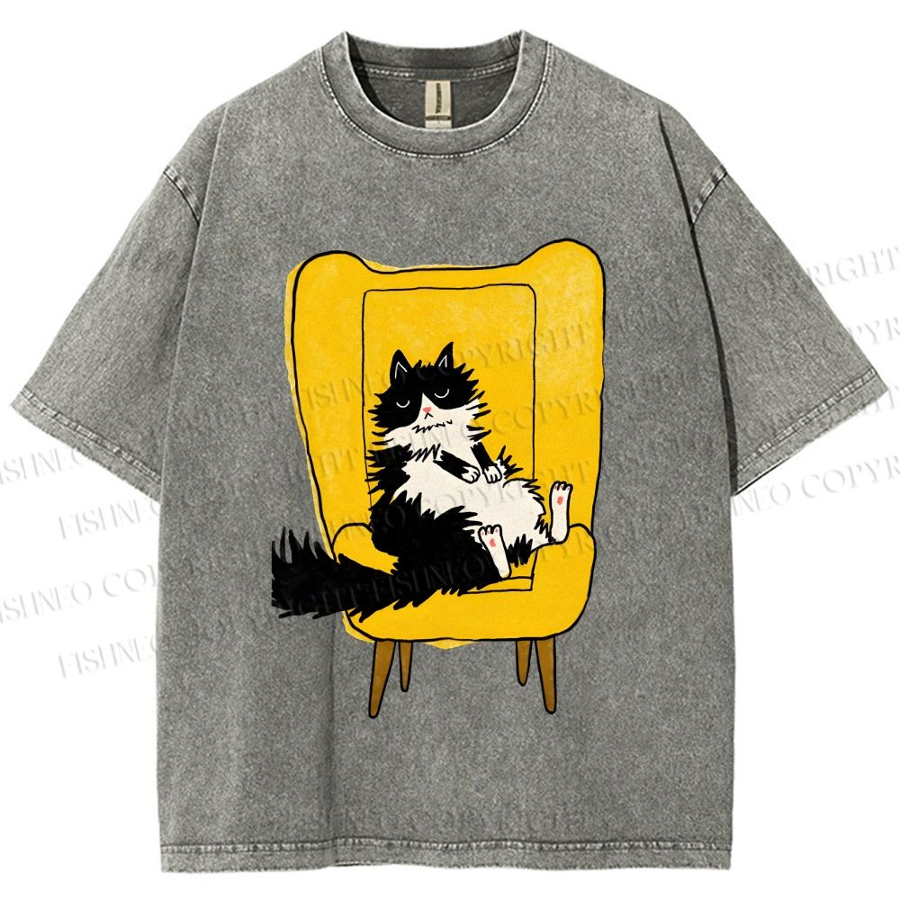 Unisex Vintage Cat On Sofa Printed Washed Tee