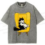Unisex Vintage Cat On Sofa Printed Washed Tee