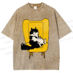Unisex Vintage Cat On Sofa Printed Washed Tee