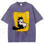 Unisex Vintage Cat On Sofa Printed Washed Tee