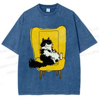Unisex Vintage Cat On Sofa Printed Washed Tee