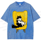 Unisex Vintage Cat On Sofa Printed Washed Tee