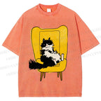 Unisex Vintage Cat On Sofa Printed Washed Tee