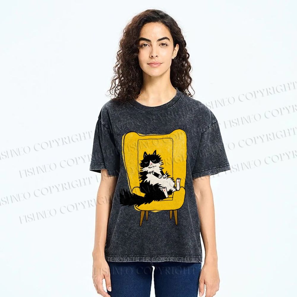 Unisex Vintage Cat On Sofa Printed Washed Tee