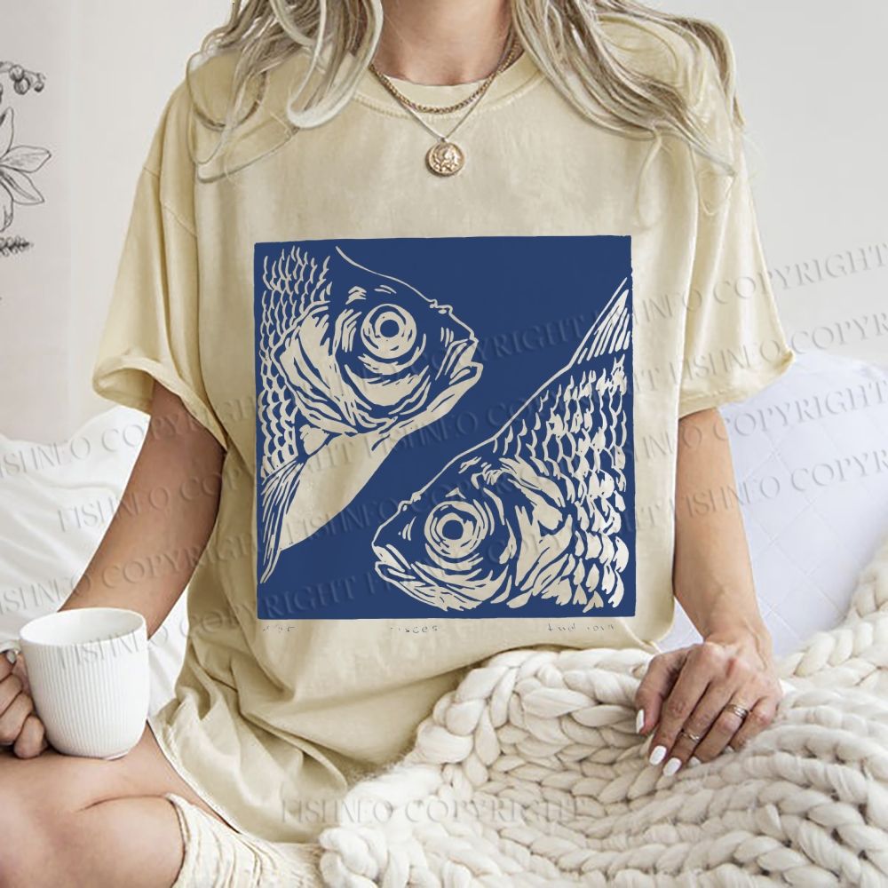 Unisex Vintage Fish Printed Washed Tee