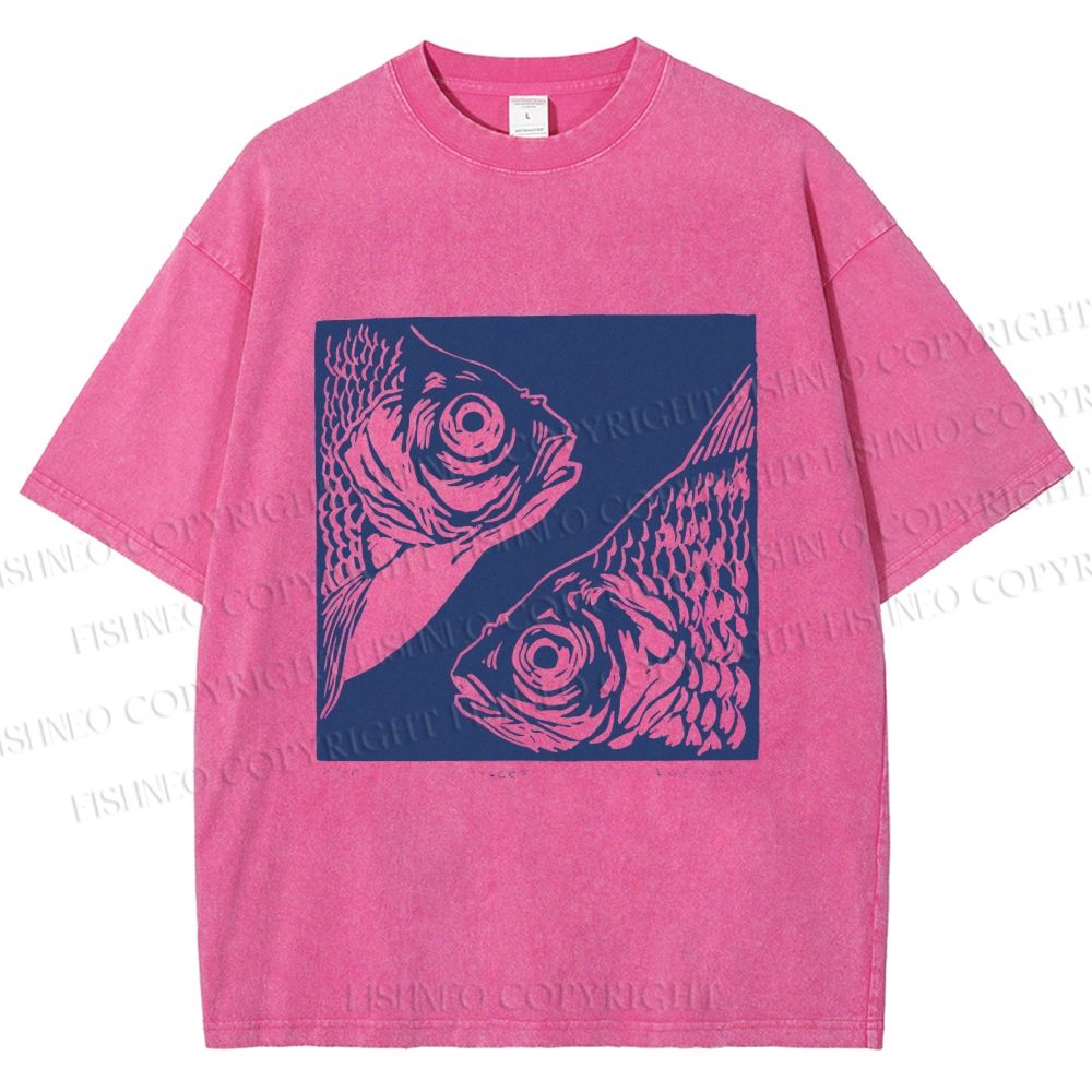 Unisex Vintage Fish Printed Washed Tee