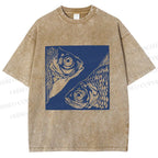 Unisex Vintage Fish Printed Washed Tee