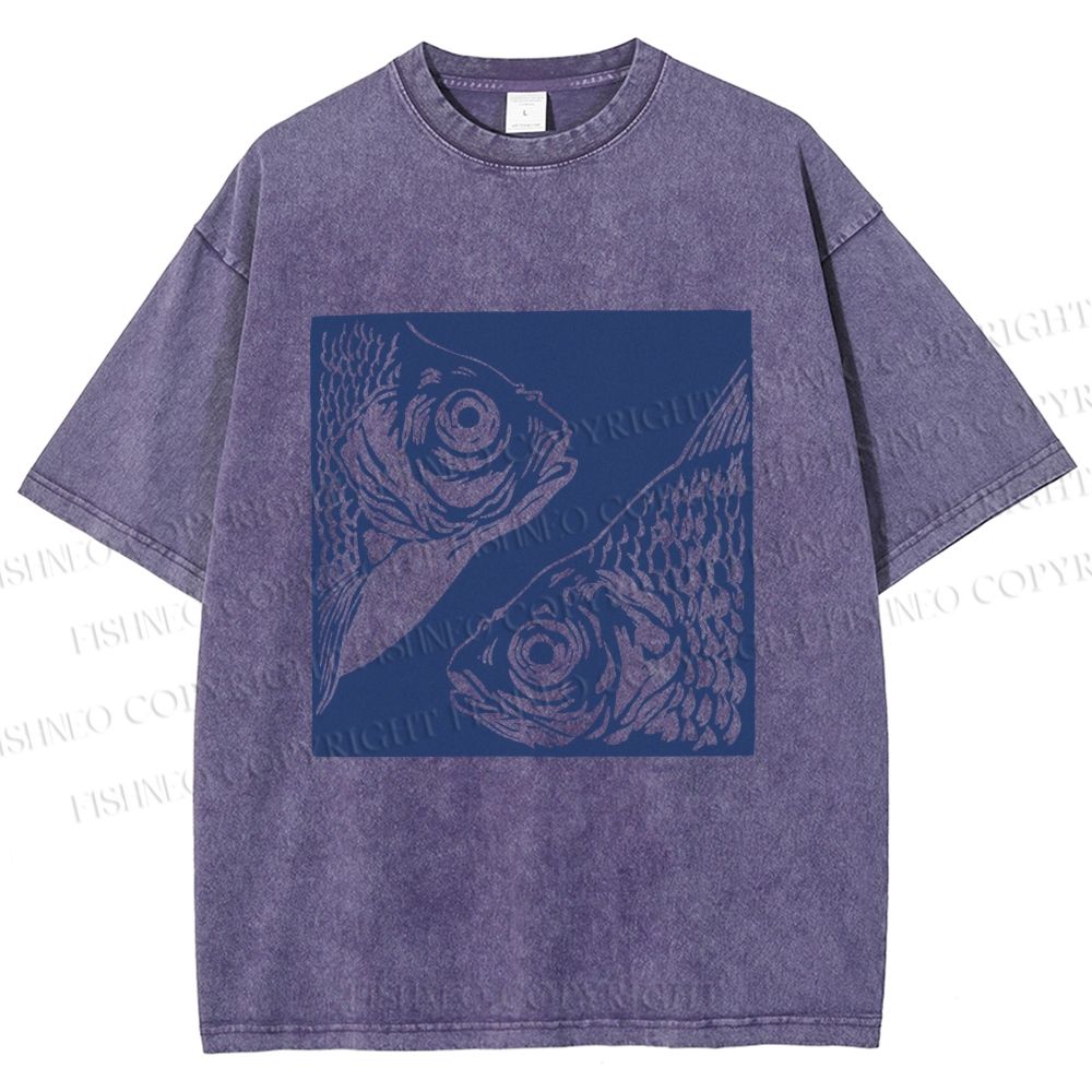 Unisex Vintage Fish Printed Washed Tee