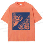 Unisex Vintage Fish Printed Washed Tee
