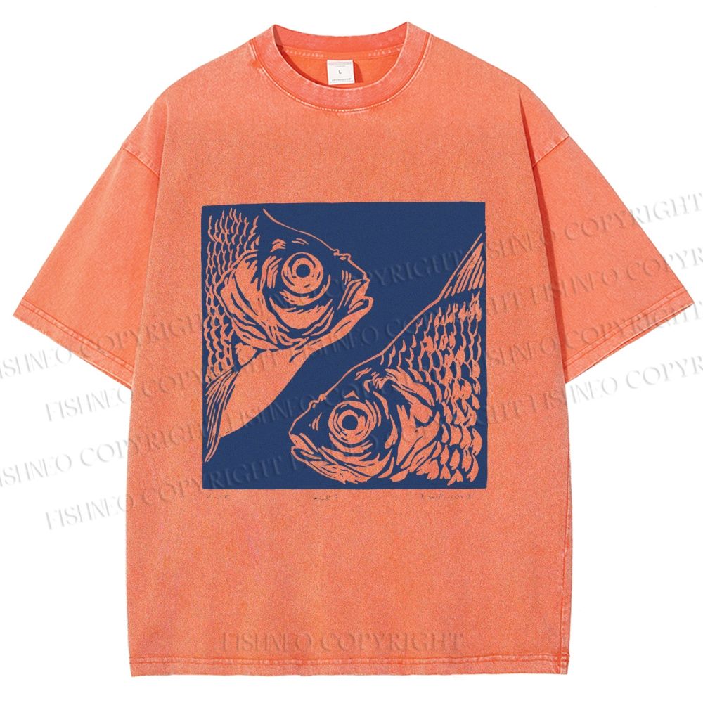 Unisex Vintage Fish Printed Washed Tee