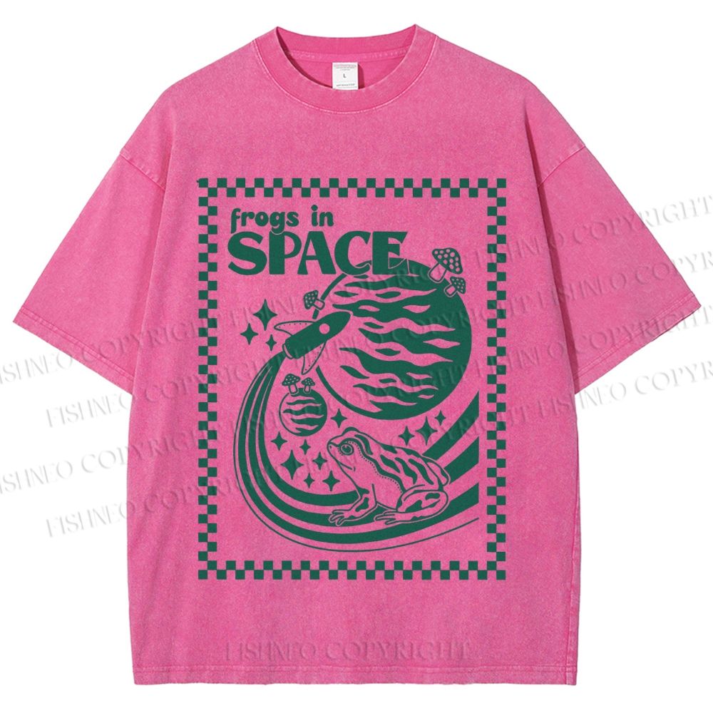 Unisex Vintage Frogs In Space Printed Washed Tee