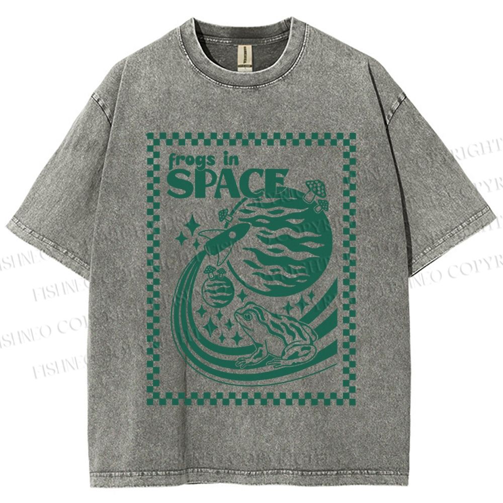 Unisex Vintage Frogs In Space Printed Washed Tee