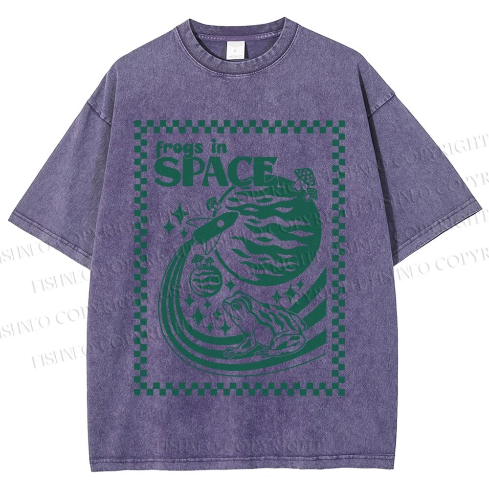 Unisex Vintage Frogs In Space Printed Washed Tee