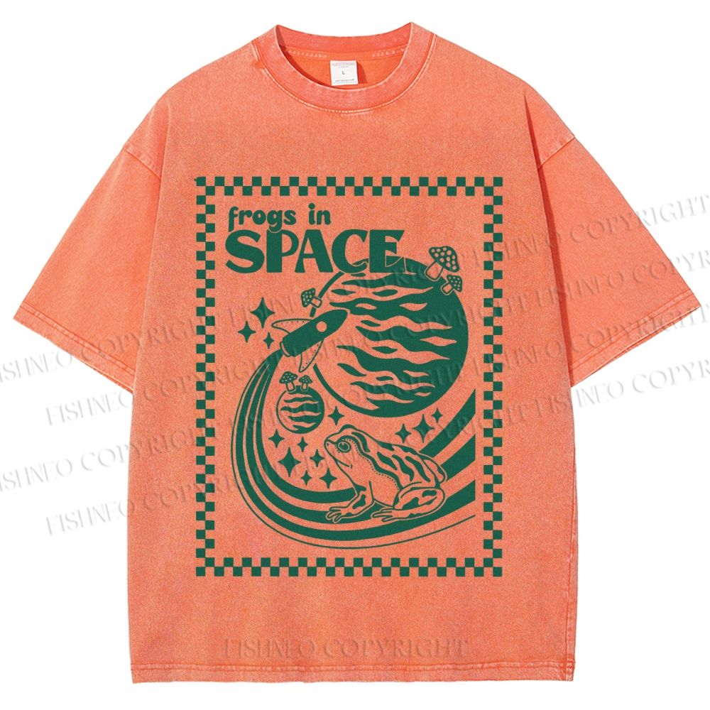 Unisex Vintage Frogs In Space Printed Washed Tee