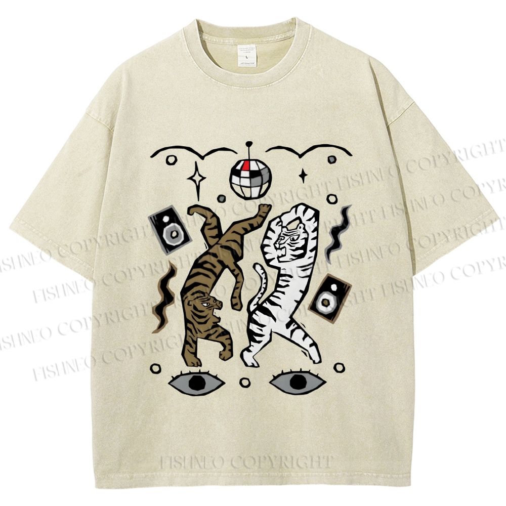 Unisex Vintage Funny Disco Tiger Dancing Printed Washed Tee