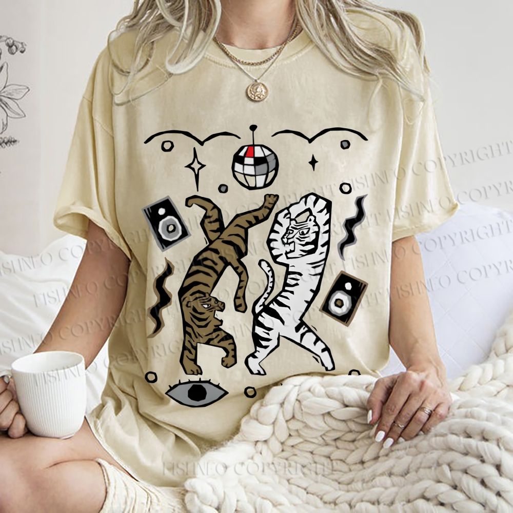 Unisex Vintage Funny Disco Tiger Dancing Printed Washed Tee