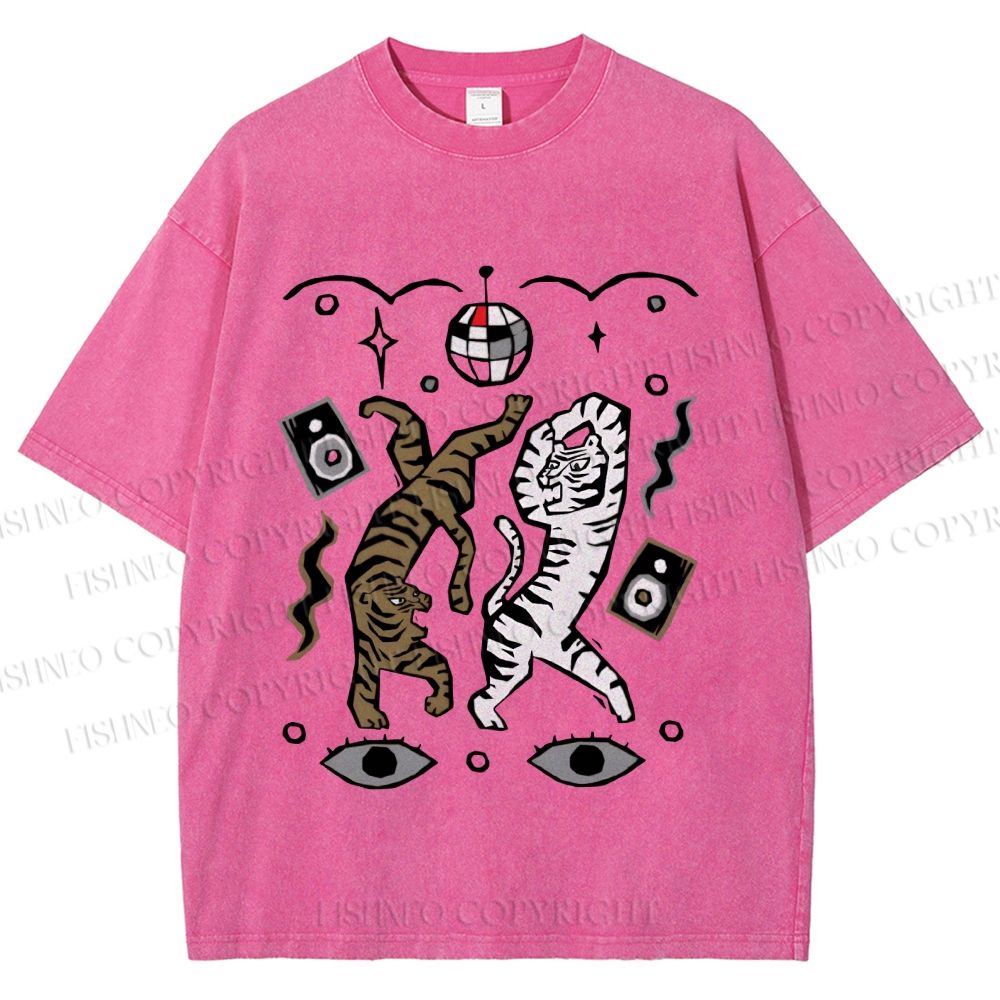 Unisex Vintage Funny Disco Tiger Dancing Printed Washed Tee