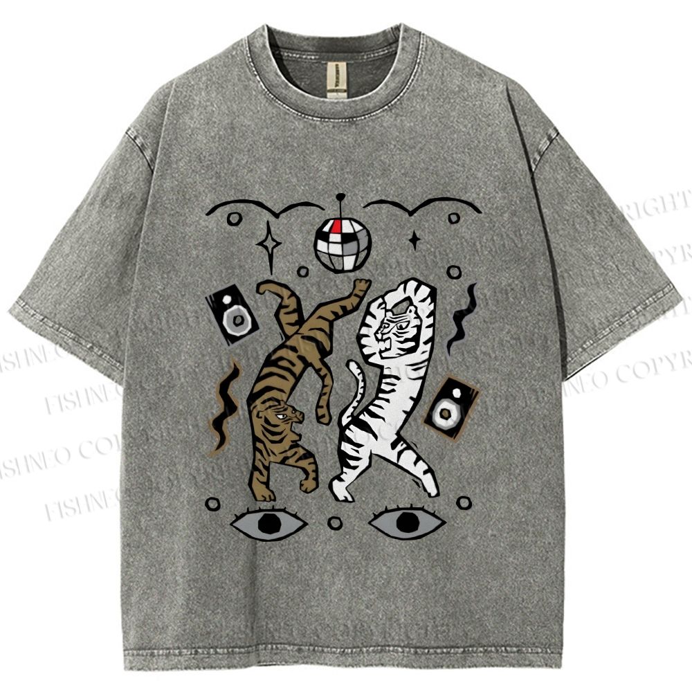 Unisex Vintage Funny Disco Tiger Dancing Printed Washed Tee