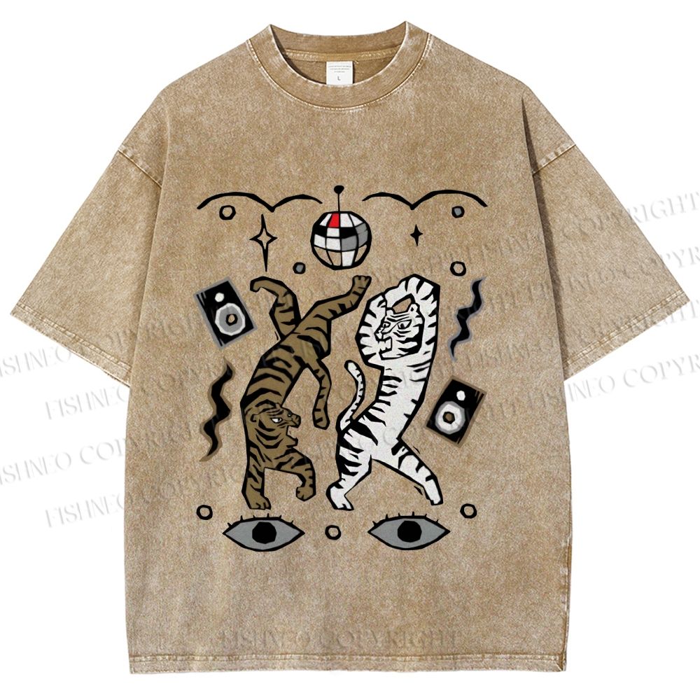 Unisex Vintage Funny Disco Tiger Dancing Printed Washed Tee