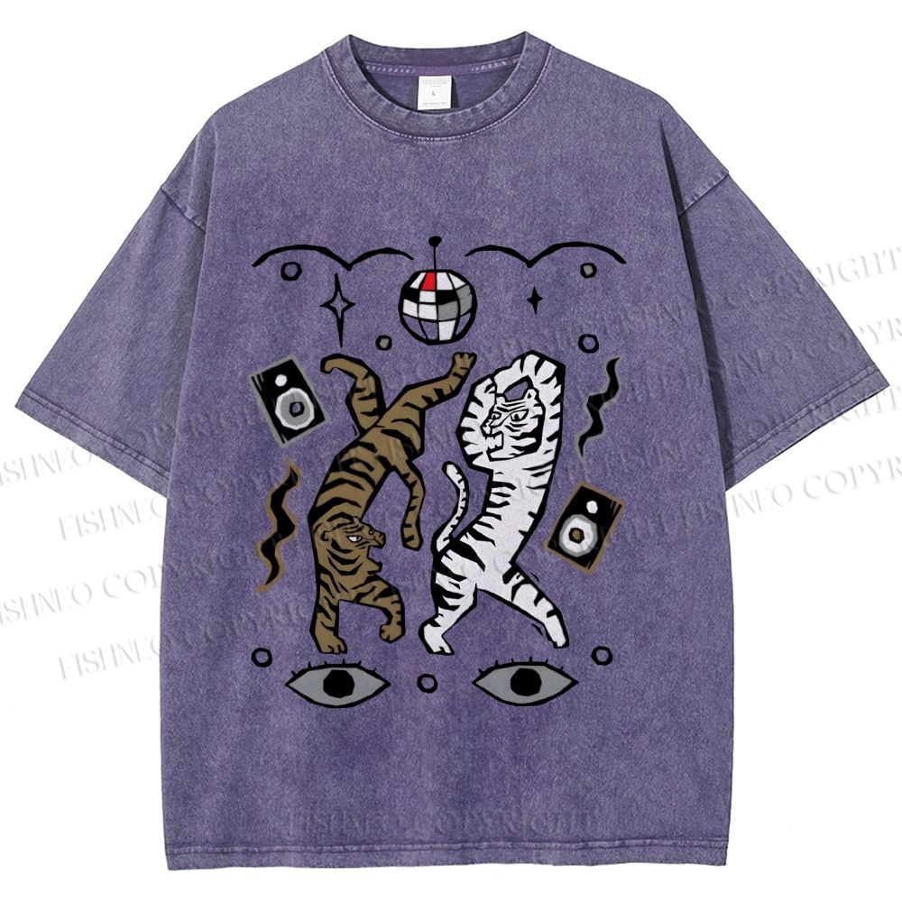 Unisex Vintage Funny Disco Tiger Dancing Printed Washed Tee