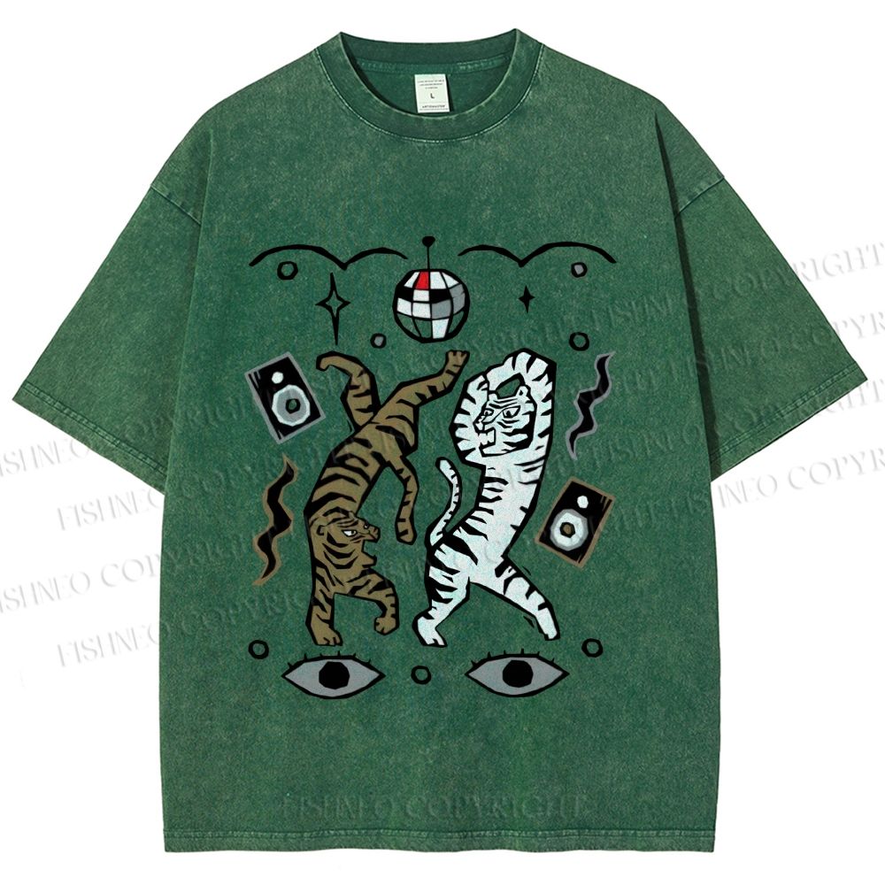 Unisex Vintage Funny Disco Tiger Dancing Printed Washed Tee