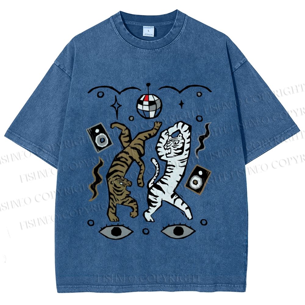 Unisex Vintage Funny Disco Tiger Dancing Printed Washed Tee