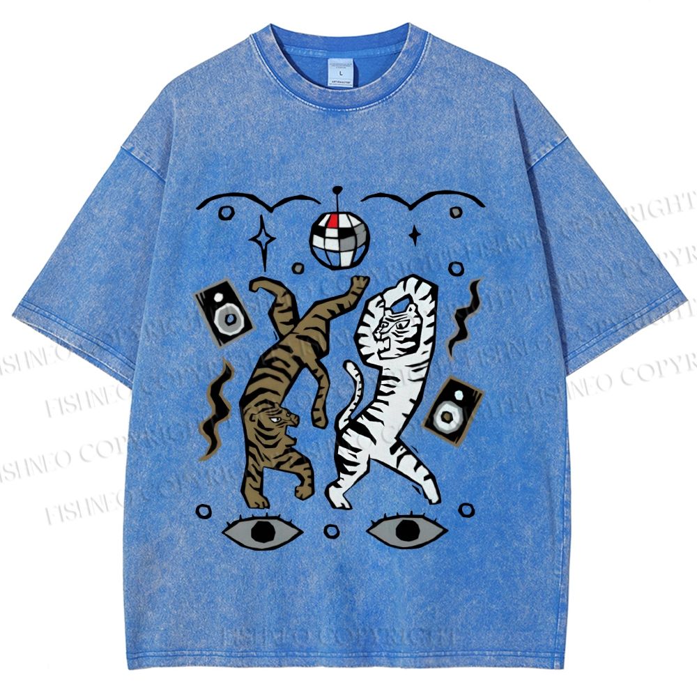 Unisex Vintage Funny Disco Tiger Dancing Printed Washed Tee