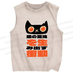 Unisex Japanese Funny Cat Printed Washed Tank Top