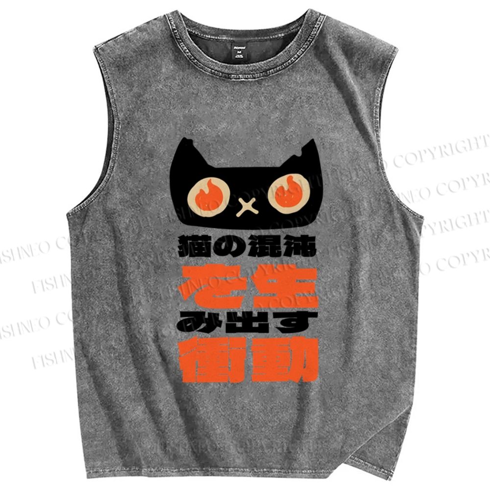 Unisex Japanese Funny Cat Printed Washed Tank Top