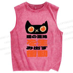 Unisex Japanese Funny Cat Printed Washed Tank Top